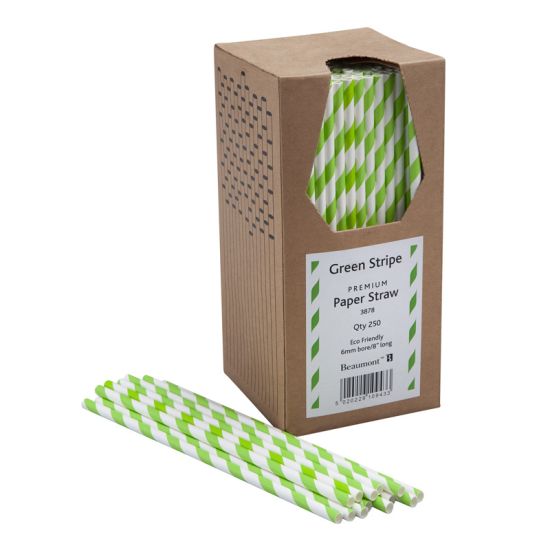 Green & White 100 Biodegradable 8inch Paper Drinking Straw 6mm Diameter - Pack of 250 BP3016G250