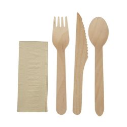 Kraft Wrapped Meal Pack 1x Wooden Knife, Fork, Spoon, Napkin - Pack 250