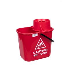 Red 15lt Mop Bucket & Wringer - Printed with Caution Wet Floor