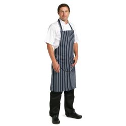 Whites Butchers Apron   Navy Stripe With Pocket