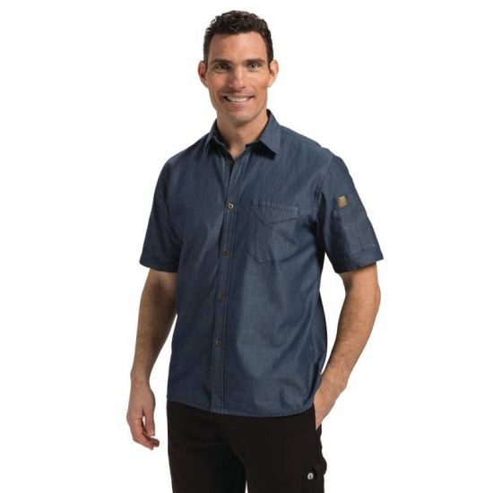Chef Works Unisex Detroit Denim Short Sleeve Shirt Blue L URO B074-L