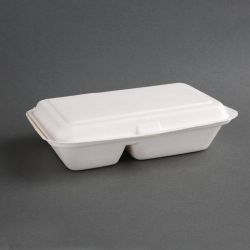 Fiesta Green Compostable Bagasse Two-Compartment Hinged Food Containers 253mm (Pack Of 200) Fiesta Green Compostable Bagasse Two-Compartment Hinged Food Containers 253mm (Pack Of 200)