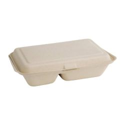 Fiesta Green Compostable Bagasse Two-Compartment Hinged Food Containers Natural Colour 253mm (Pack Of 200) Fiesta Green Compostable Bagasse Two-Compartment Hinged Food Containers Natural Colour 253mm (Pack Of 200)