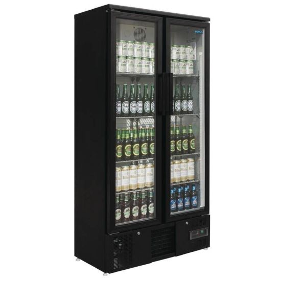 Polar Upright Back Bar Cooler With Hinged Doors In Black 490Ltr URO GJ449 Polar Upright Back Bar Cooler With Hinged Doors In Black 490Ltr URO GJ449