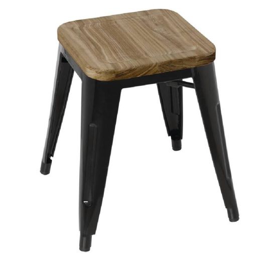 Bolero Black Steel Bistro Low Stools With Wooden Seatpad (Pack Of 4) URO GM635 Bolero Black Steel Bistro Low Stools With Wooden Seatpad (Pack Of 4) URO GM635