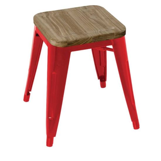 Bolero Red Steel Bistro Low Stools With Wooden Seatpad (Pack Of 4) URO GM637