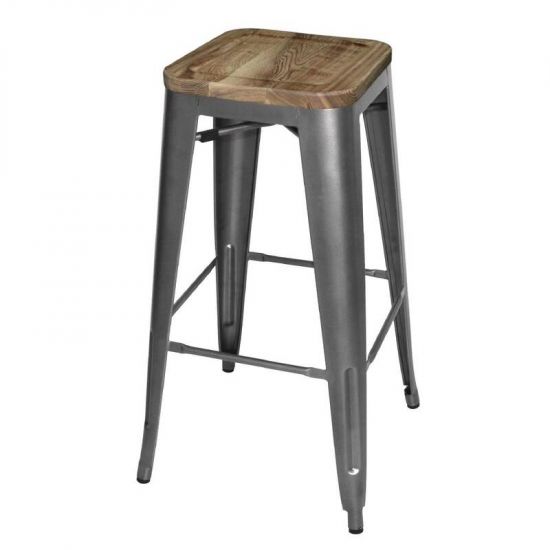 Bolero Grey Steel Bistro High Stools With Wooden Seatpad (Pack Of 4) URO GM639