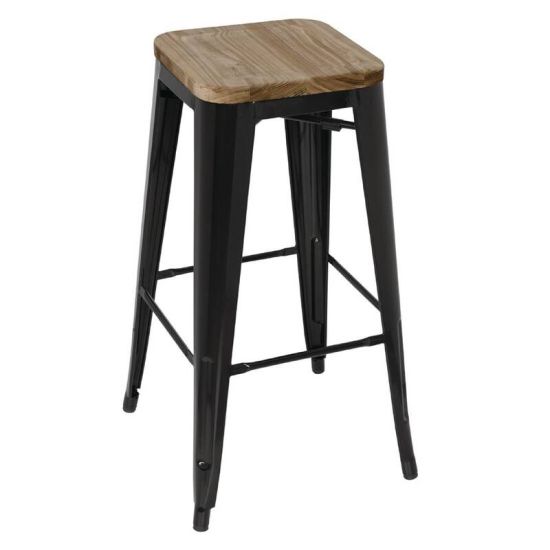 Bolero Black Steel Bistro High Stools With Wooden Seatpad (Pack Of 4) URO GM640