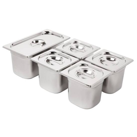 Vogue Stainless Steel Gastronorm Set 1/3 And 4 X 1/6 With Lids URO SA246 Vogue Stainless Steel Gastronorm Set 1/3 And 4 X 1/6 With Lids URO SA246